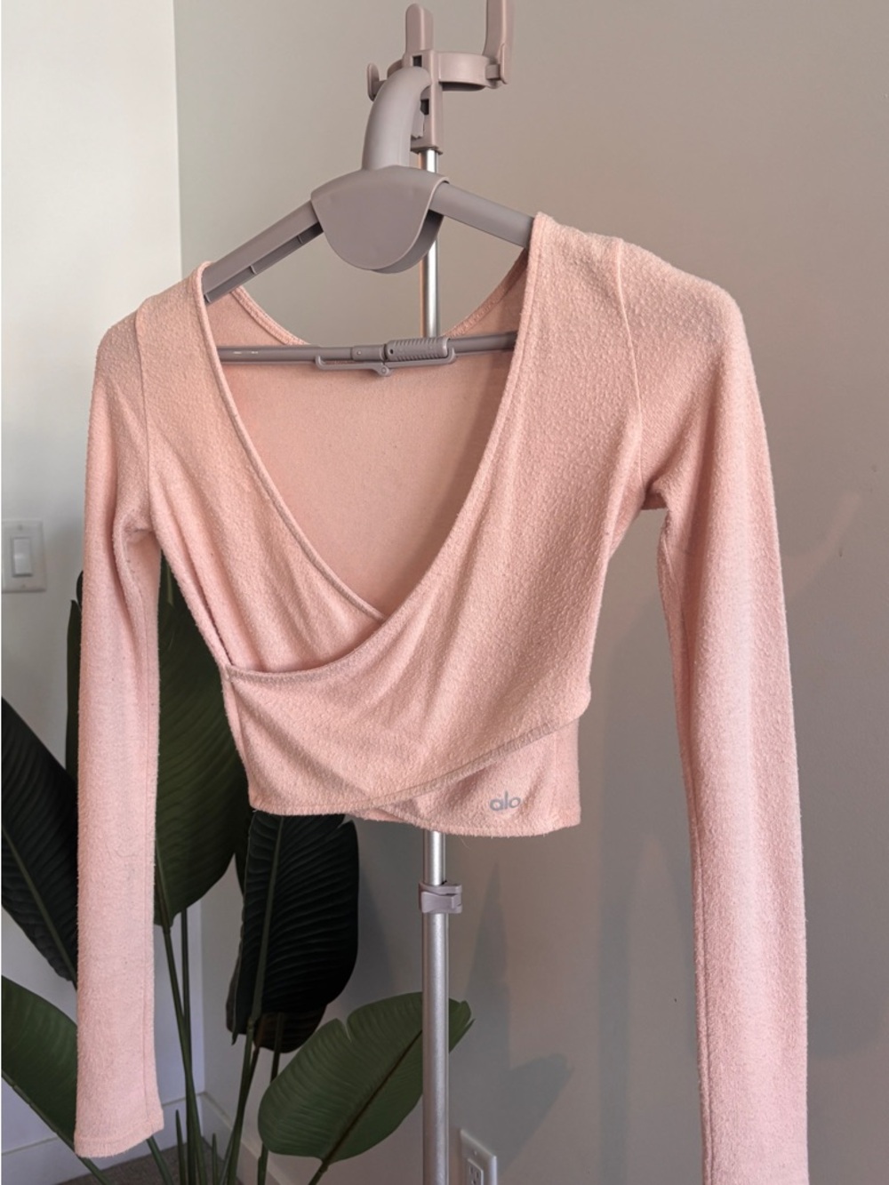 ALO Yoga Light Pink Wrap-Style Cropped Long Sleeve Top